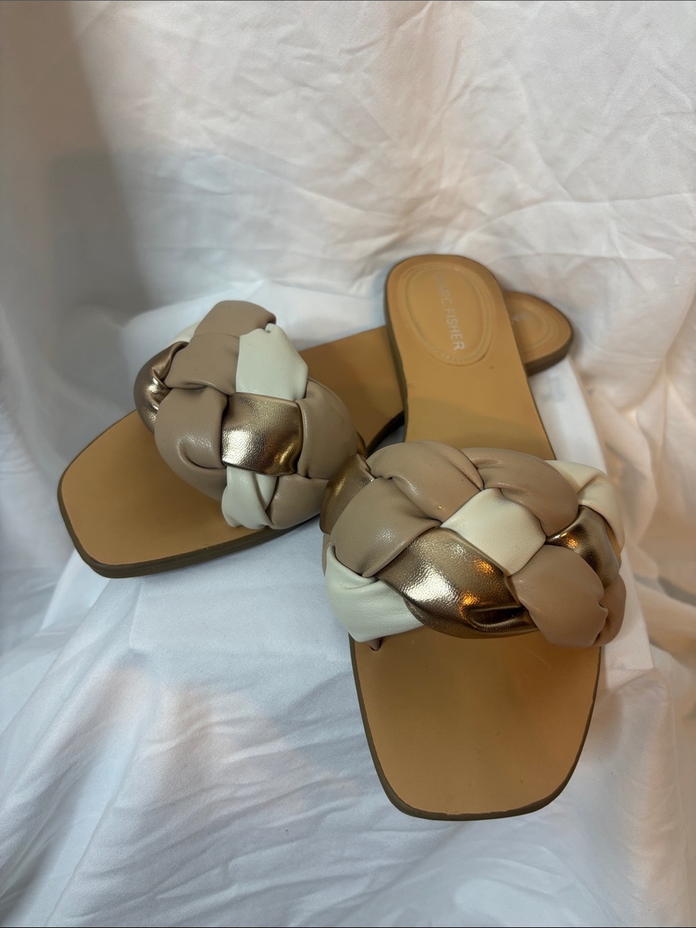Marc Fisher Braided Triple-Color Slide Sandals — Beige, Ivory & Metallic Gold